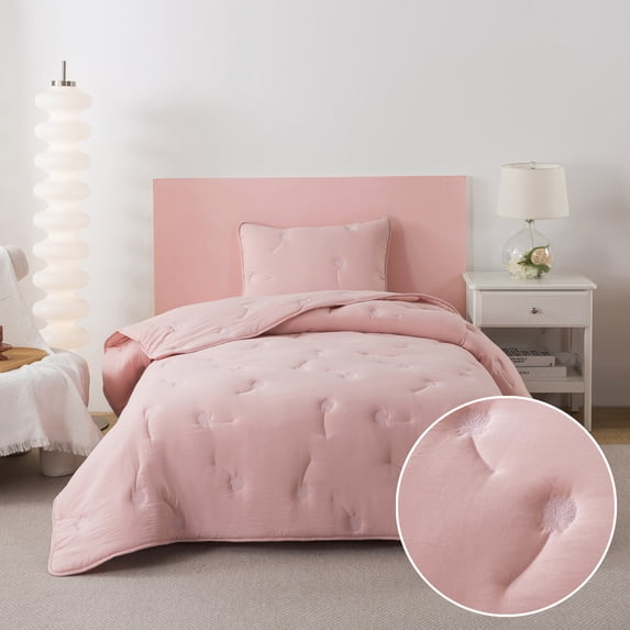 NSH by New Sega Home, 2-Piece Comforter Set, Embroidered Dandelion, Pink, Bed in a Bag, Twin