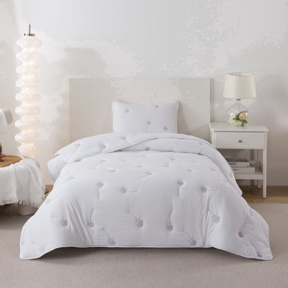 NSH by New Sega Home, 2-Piece Comforter Set, Embroidered Dandelion, White, Bed in a Bag, Twin