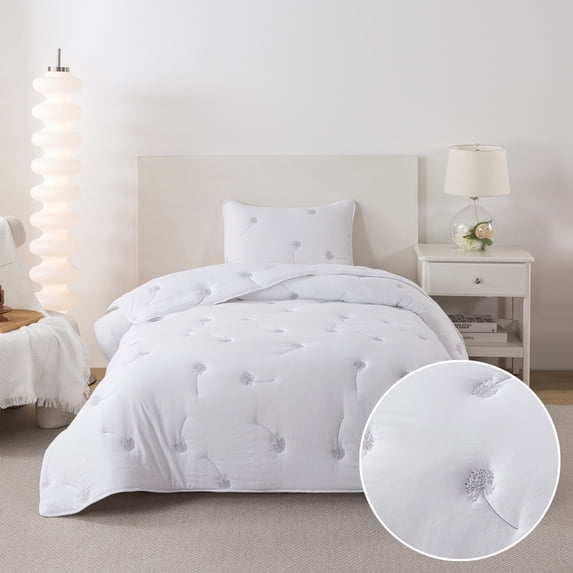NSH by New Sega Home, 2-Piece Comforter Set, Embroidered Dandelion, White, Bed in a Bag, Twin
