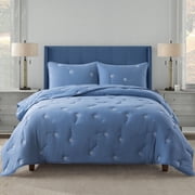 NSH by New Sega Home, 3-Piece Comforter Set, Embroidered Dandelion, Blue, Bed in a Bag, Full/Queen