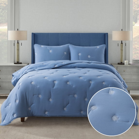 NSH by New Sega Home, 3-Piece Comforter Set, Embroidered Dandelion, Blue, Bed in a Bag, Full/Queen