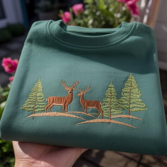 Embroidered Deer Sweatshirt, Forest Green Crewneck, Nature Lover Sweatshirt, Stag and Pine Trees Sweatshirt, Woodland Aesthetic Gift