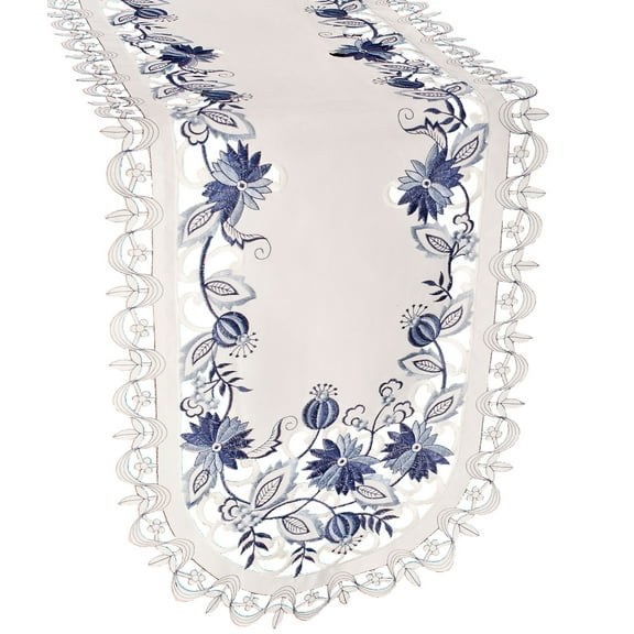 Embroidered Delft Blue Onion Flower on Ivory (11" x 17"/ 14" x 27"/ 15" x 34" / 14" x 54")