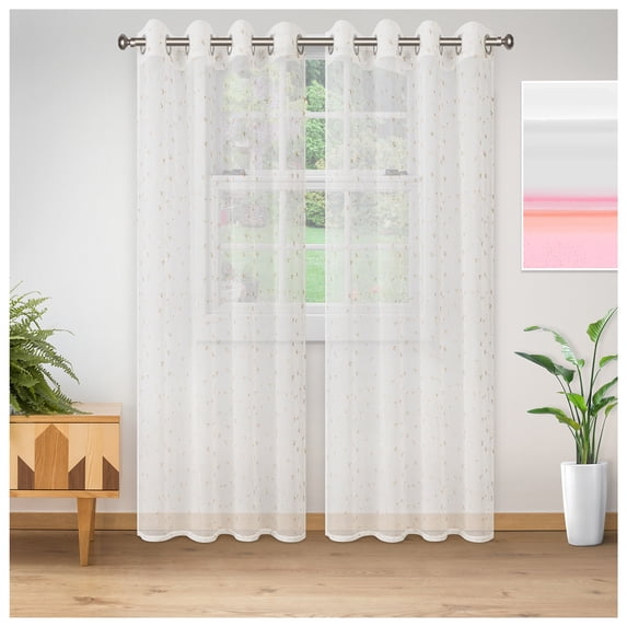 Embroidered Delicate Flower Sheer Grommet Curtain Panel Set by Blue Nile Mills, 52" x 96", Champagne
