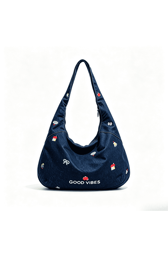 Embroidered Denim Hobo Bag for Women, Lightweight 3-Way Convertible Jean Crossbody Purse, Cute Crescent Shoulder Bag with Inner Pocket, Large Capacity Soft Denim Tote for School Travel Daily Use