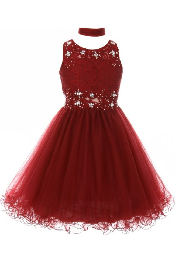 Embroidered Design Rhinestone Pageant Big Flower Girls Dresses Burgundy 8