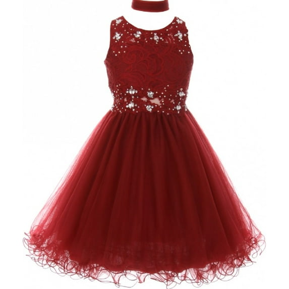 Embroidered Design Rhinestone Pageant Little Flower Girls Dresses Burgundy 4 Size 4-16
