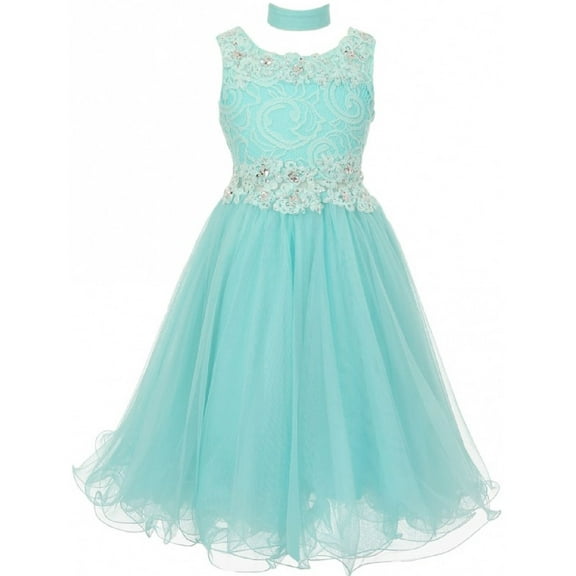 Embroidered Design Rhinestone Princess Big Flower Girls Dresses Aqua 16