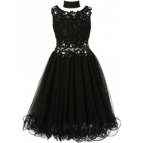 Embroidered Design Rhinestone Princess Big Flower Girls Dresses Black 14