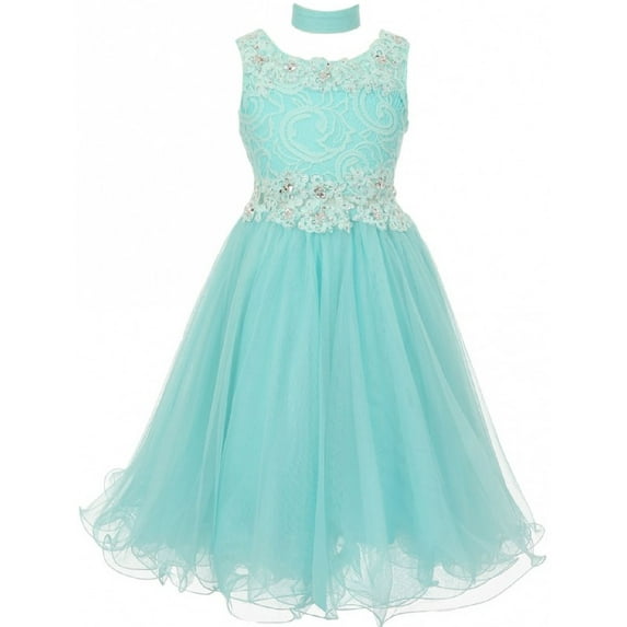Embroidered Design Rhinestone Princess Little Flower Girls Dresses Aqua 4 Size 4-16