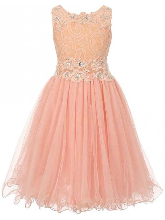 Embroidered Design Rhinestone Princess Little Flower Girls Dresses Peach 4 Size 4-16