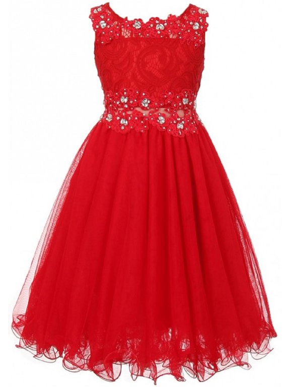 Embroidered Design Rhinestone Princess Little Flower Girls Dresses Red 4 Size 4-16