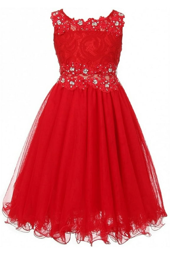 Embroidered Design Rhinestone Princess Little Flower Girls Dresses Red 4 Size 4-16