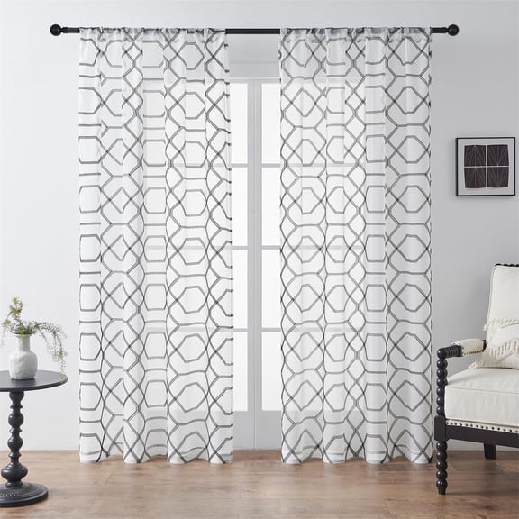 Embroidered Diamond Pattern Sheer Curtains 2 Panels Semi Voile Set with Rod Pocket for Living Room & Bedroom
