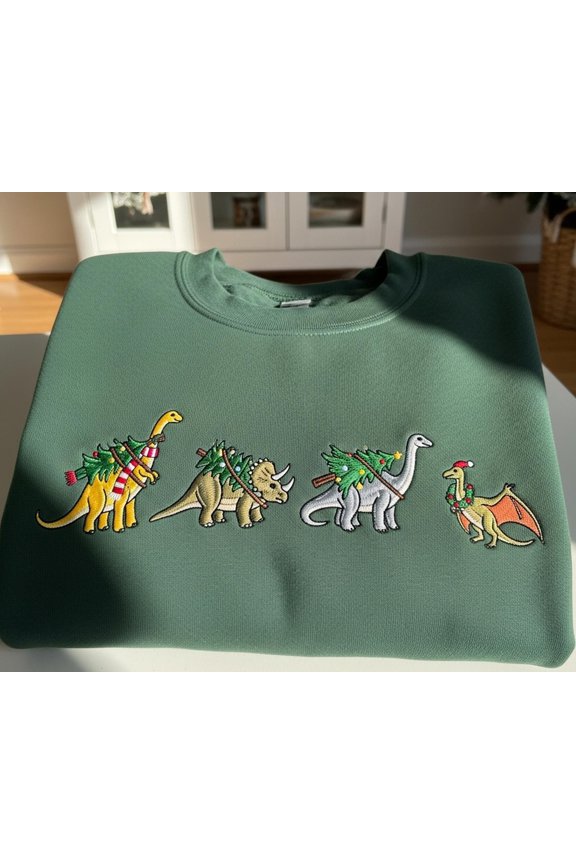 Embroidered Dinosaur Christmas Sweatshirt: Festive Holiday Dino Crewneck