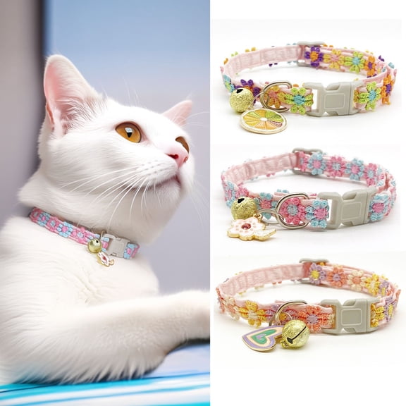 Embroidered Dog Collar Adjustable Lead with Bell, Summer Cat Collar for Daily Home Yard Camping Indoor Spring Garden Travel, 3 pack