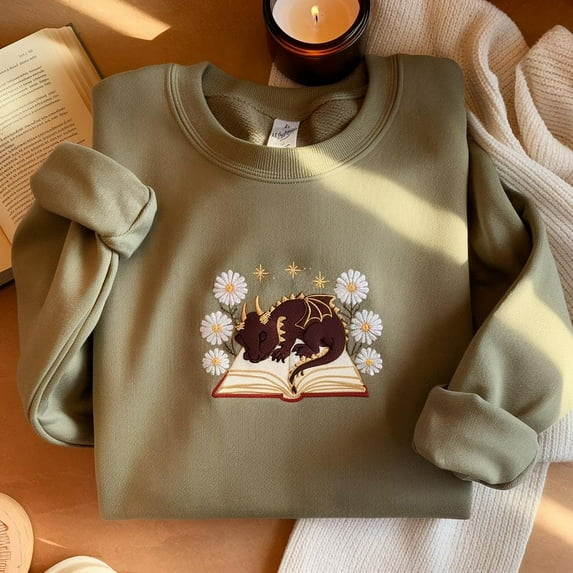 Embroidered Dragon Book Sweatshirt, Cottagecore Fantasy Reader