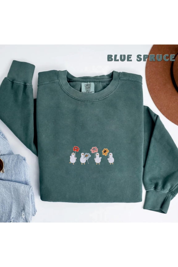 Embroidered Ducks With Flowers Sweatshirt, Cute Duck Mama Sweatshirt, Gift For Animal Lovers, Silly Duck Sweatshirt, Duck Lovers Sweatshirt