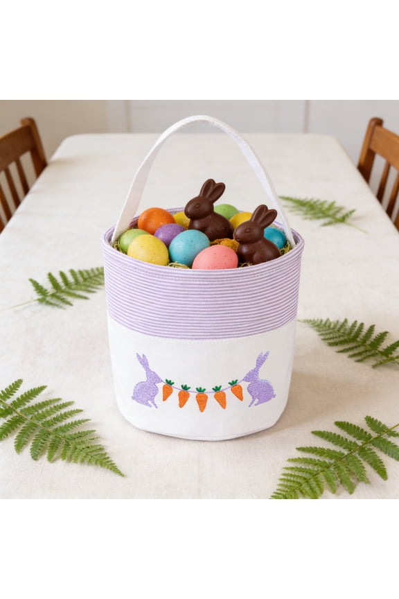 Embroidered Easter Bunny Basket for Kids – Reusable Egg Hunt Tote Bag for Candy, Toys, Gifts, Festive Party Decoration, Lightweight Cotton Blend Holiday Storage Basket
