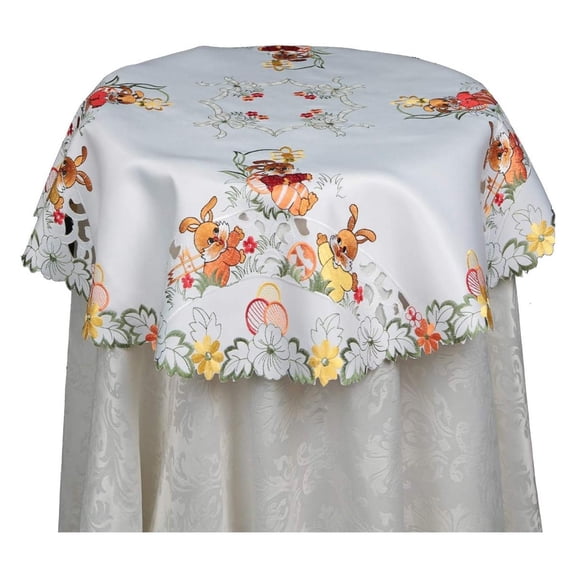 Embroidered Easter Bunny Egg Floral Tablecloth 33" Round White Topper
