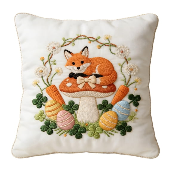 Embroidered Easter Pillow Cover with Floral Wreath and Fox 18x18 Inch, Spring Decorative Throw Cushion for Sofa or Bedroom Couch Festivals Home Decor