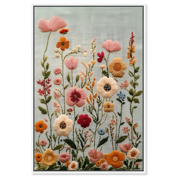Embroidered Eden I Canvas Floral Embroidery Prints by Art Remedy, White Frame, 16 x 24