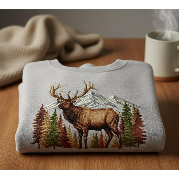 Embroidered Elk Mountain Sweatshirt – Rustic Wildlife Crewneck for Nature Lovers, Outdoorsman Gift with Scenic Forest and Snowy Peaks