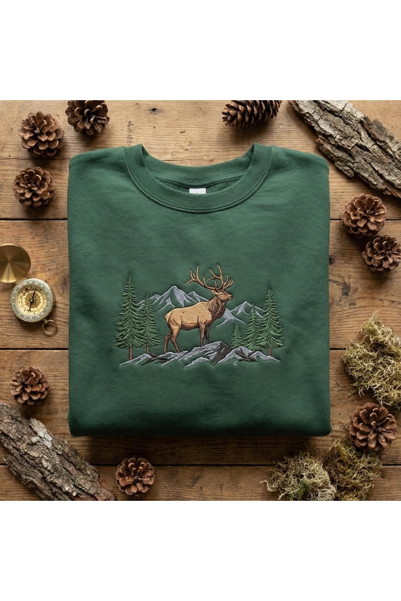 Embroidered Elk Sweatshirt, Majestic Deer Hoodie, Mountain Wildlife Crewneck, Hunter Gift, National Park Shirt, Nature Lover Top