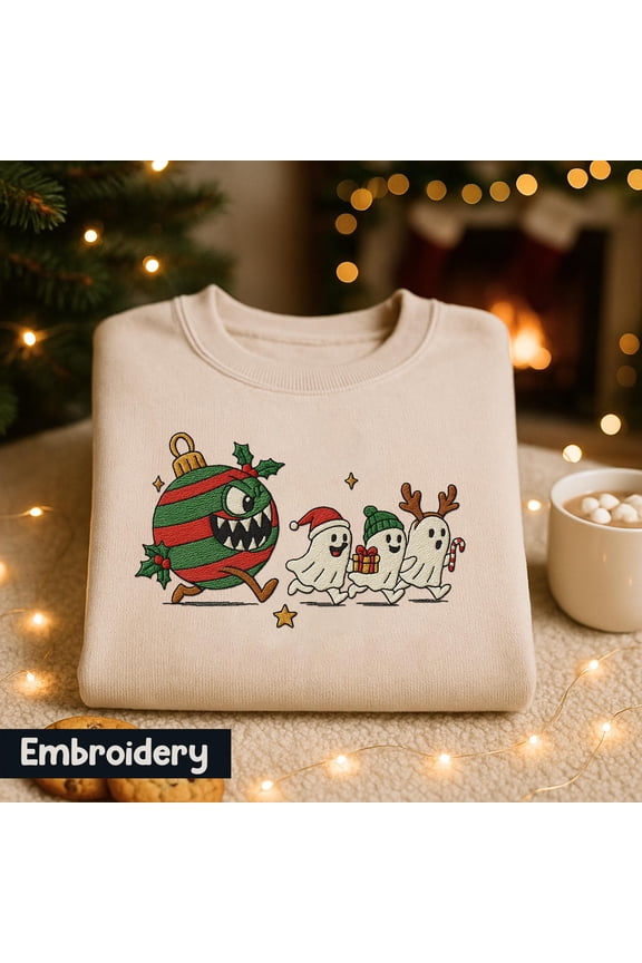 Embroidered Festive Ornament Monster Eating Ghost Christmas Shirt, Merry Christmas 2025 Shirt, Christmas Pacman Sweatshirt, Gift For Gamer