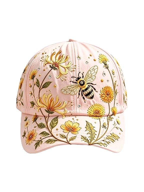 Embroidered Floral Bee Baseball Cap, Adjustable Lightweight Hat for Women, Breathable Summer Outdoor Sun Hat.