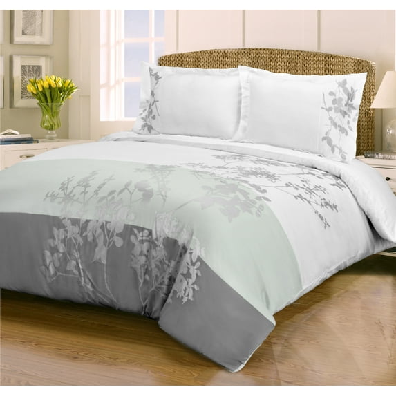 Embroidered Floral Duvet Cover Set, Long-Staple Cotton - Full/Queen, White-Gray by Blue Nile Mills