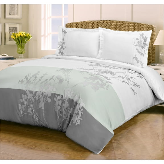 Embroidered Floral Duvet Cover Set, Long-Staple Cotton - Full/Queen, White-Gray by Blue Nile Mills