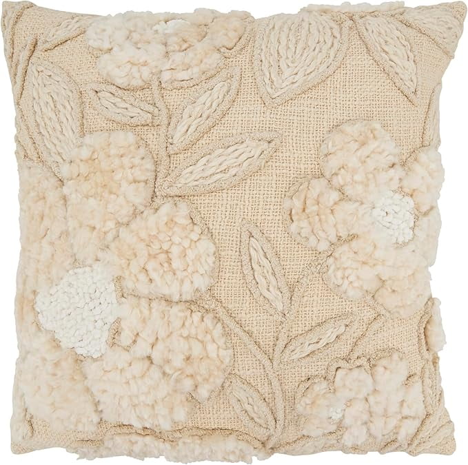 Beige Cotton Embroidered Floral Pillow Cover, 20"x20"