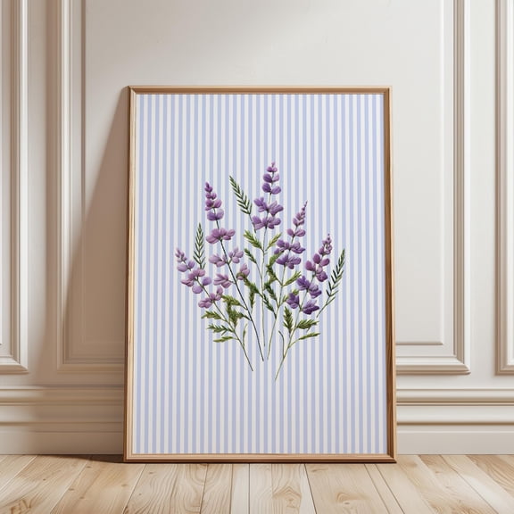 Embroidered Floral Print: Striped Botanical Wall Art #2932, Unframed Canvas Size 12x18