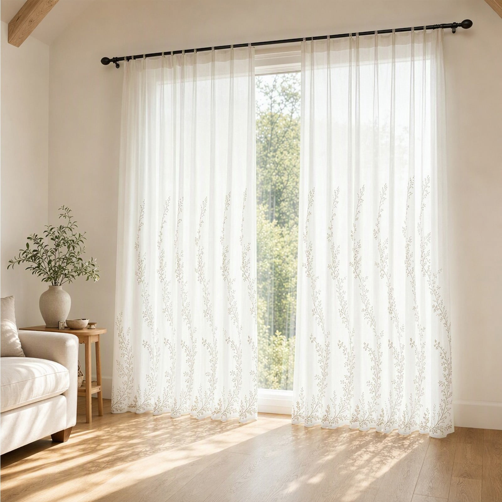 Embroidered Floral Sheer Curtain Panel 2 pack Rope Embroidery Botanical ...