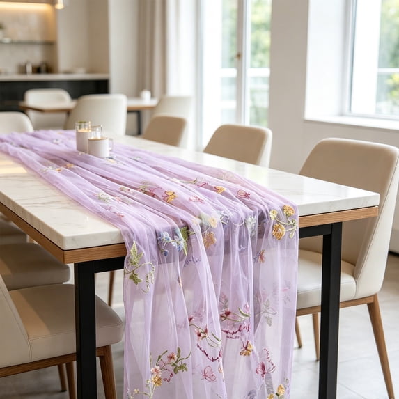 Embroidered Floral Table Runner for Elegant Dining and Home Decor | Polyester Sheer Fabric, Durable and Lightweight