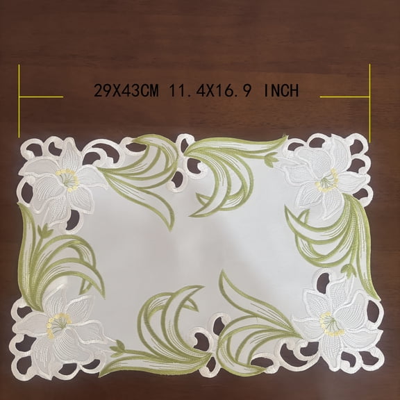 Embroidered Floral Tablecloth with Lace Embroidered Floral Vanity Scarf Floral Lily Pattern Embroidered Tablecloth, Home Kitchen Table Decoration