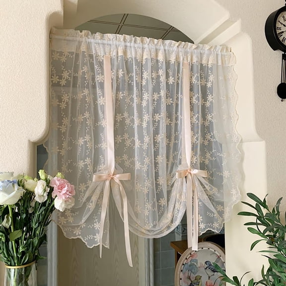 Embroidered Floral Tie-Up Sheer Curtain, Elegant Floral Tie-Up Sheer Curtain, Vintage Style Lace CurtainsAdjustable Ribbon, No-Drill for Balcony Bay Window (Hook,200x140cm)