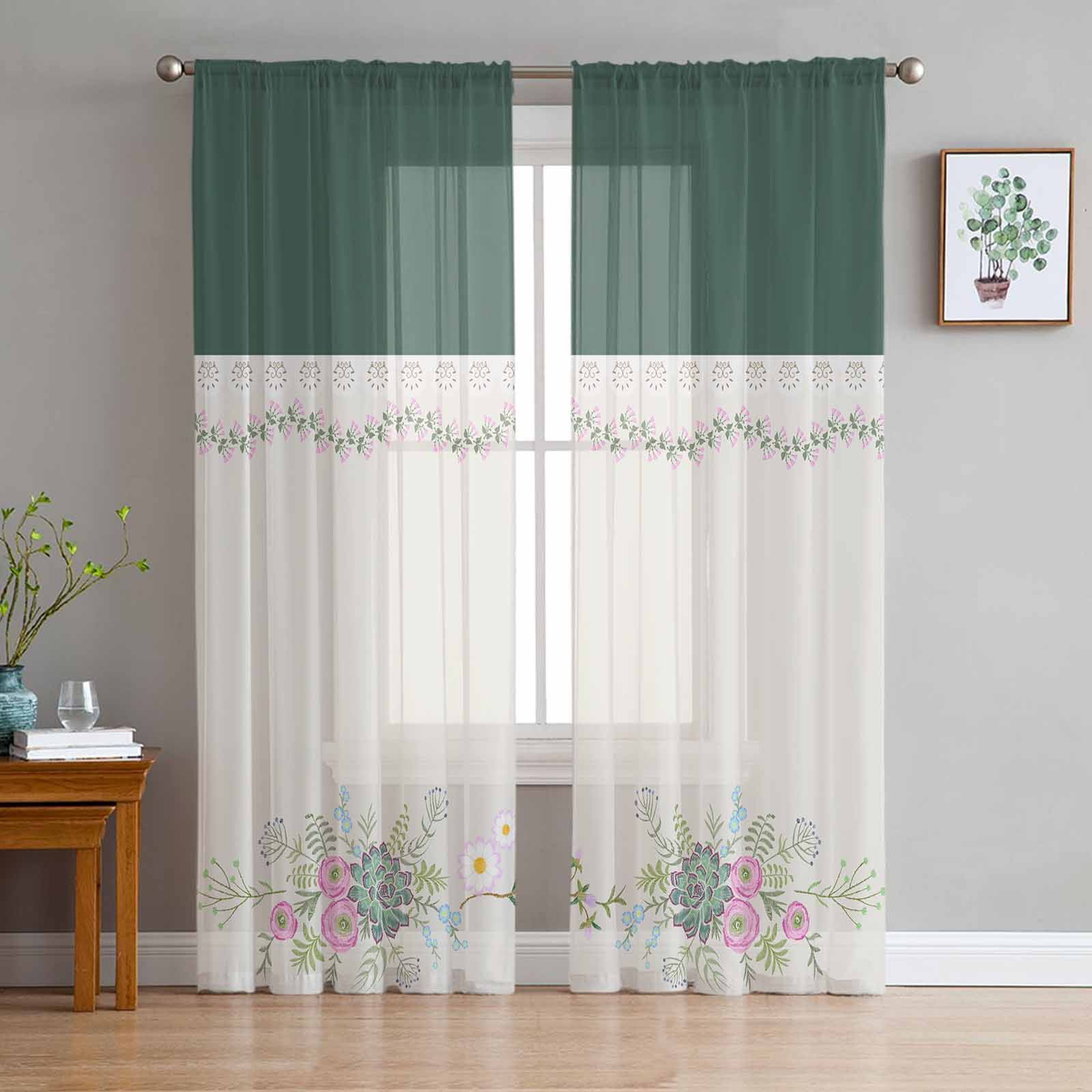 Embroidered Flower And Plant Lace Tulle Sheer Window Curtains for
