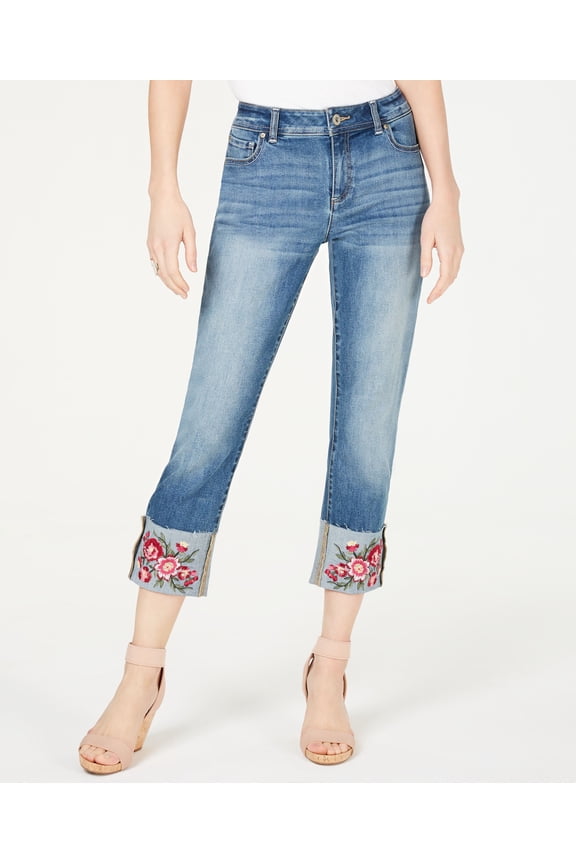 Embroidered Flower Cropped Straight Leg Jeans Medium Indigo 0
