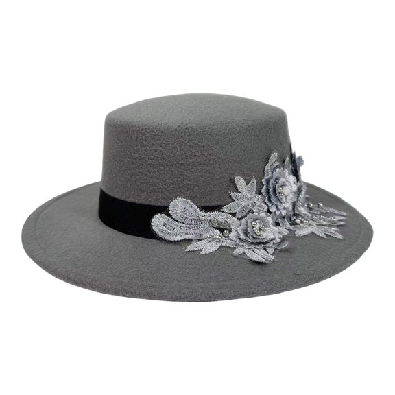 Embroidered Flower Fedora Hat for Women's Felt Hat Flat Hat Jazz Cap