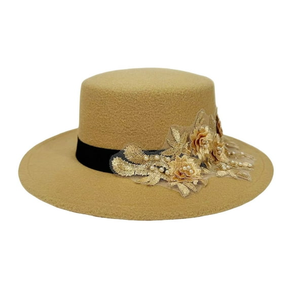 Embroidered Flower Fedora Hat for Women's Felt Hat Flat Hat Jazz Cap