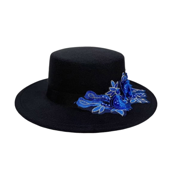 Embroidered Flower Fedora Hat for Women's Felt Hat Flat Hat Jazz Cap