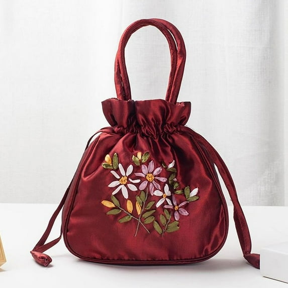 Embroidered Flower Small Bucket Bag Handmade Cosmetic Handbag Women Lot V6 G5O9