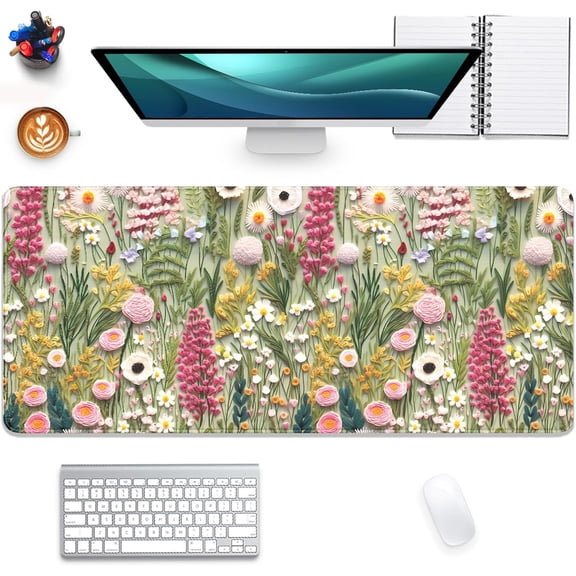 Embroidered Flower Wildflower Embroidery 3D Pattern Mouse Pad Desk Pad,Stitched Edges Non-Slip Waterproof Rubber Base Mous Mat for Office,Computer,Keyboard,Laptop and Home Desk Pad(27.5X11.8 in)