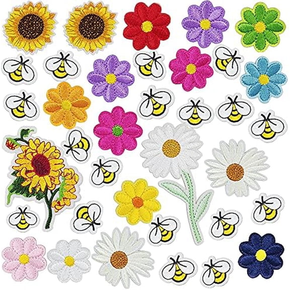 Embroidered Flowers Bee Iron on Patches 36pcs Cute Bumble Sunflower Daisy Patch for Clothing Sew on Embroidered Applique Decoration Sewing Patches for Bags Jackets Jeans Clothes DIY Patches