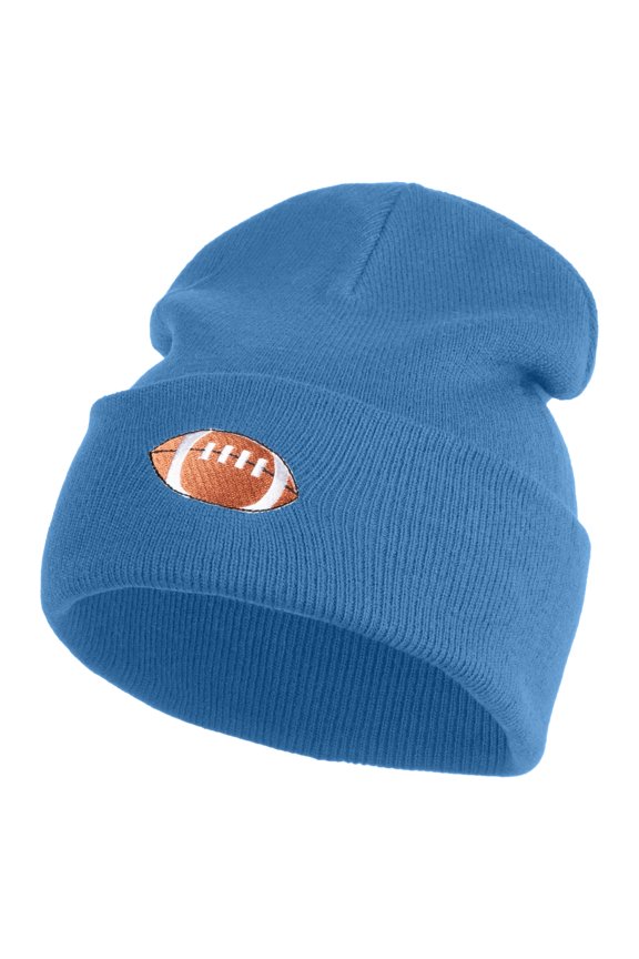 Embroidered Football Iron on Patch Patched 12 Inch Long Knitted Beanie - Sky Blue OSFM