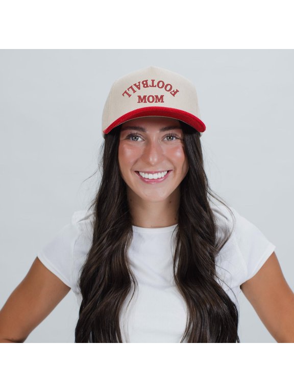 Embroidered Football Mom Upside Down Arch - Women's Corduroy Trucker Hat