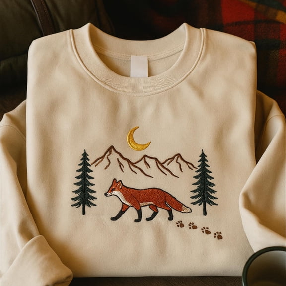 Embroidered Forestcore Fox and Mountain Sweatshirt, Nature Sweatshirt, Cottagecore Hoodie, Forest Animal Sweatshirt, Gift for Outdoor Lovers