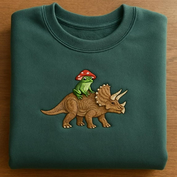 Embroidered Frog Riding Triceratops Sweatshirt, Cottagecore Crewneck, Frog Mushroom Shirt, Toad Dino Gift, Embroidered T-Shirt